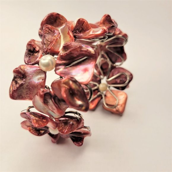 Wine Red Shell White Pearls Adjustable Cuff Bracelet Bangle - NEW - Picture 12 of 16